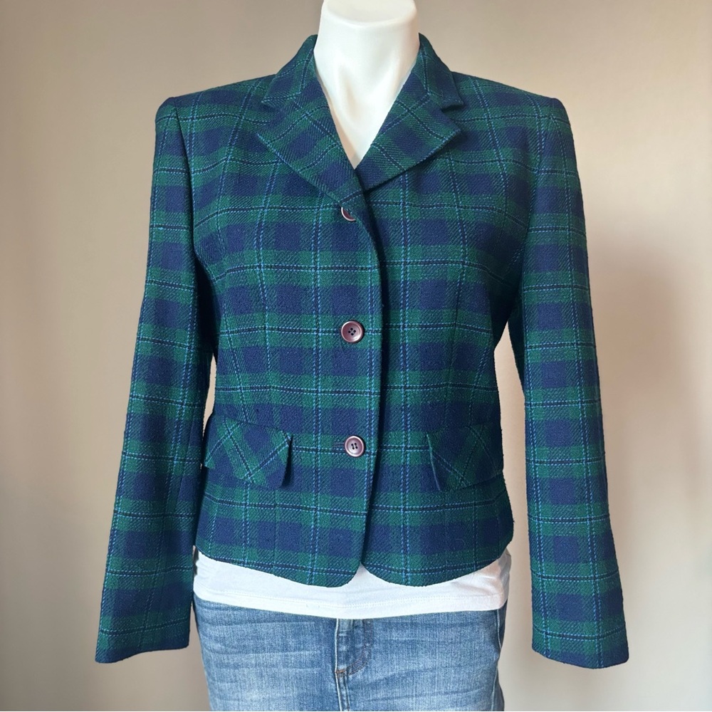 Pendleton Women's 6P Blue Green Tartan Plaid Wool Blend Blazer Vintage Academia